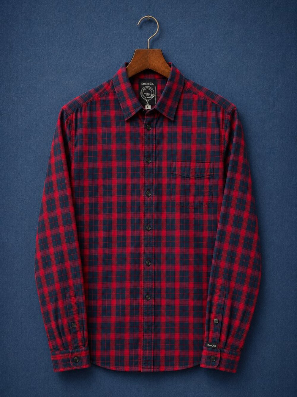 DIESEL Men’s L Red Navy Tartan Plaid Cotton Shirt Casual Button Up